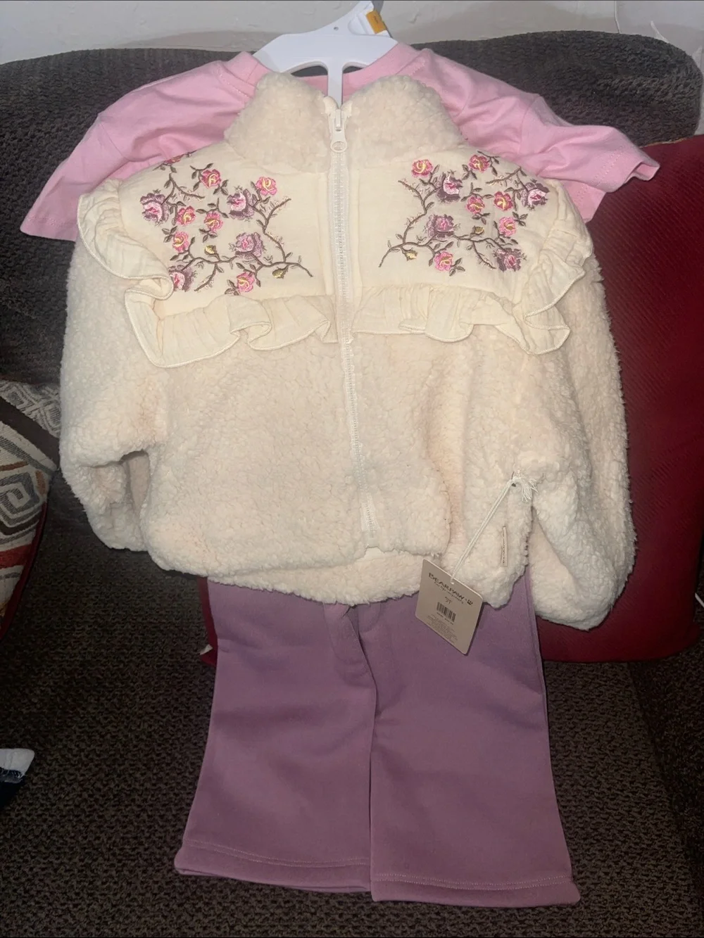 BearPaw Cream Sherpa Jacket with Pink Floral Embroidery & Lavender Pants
